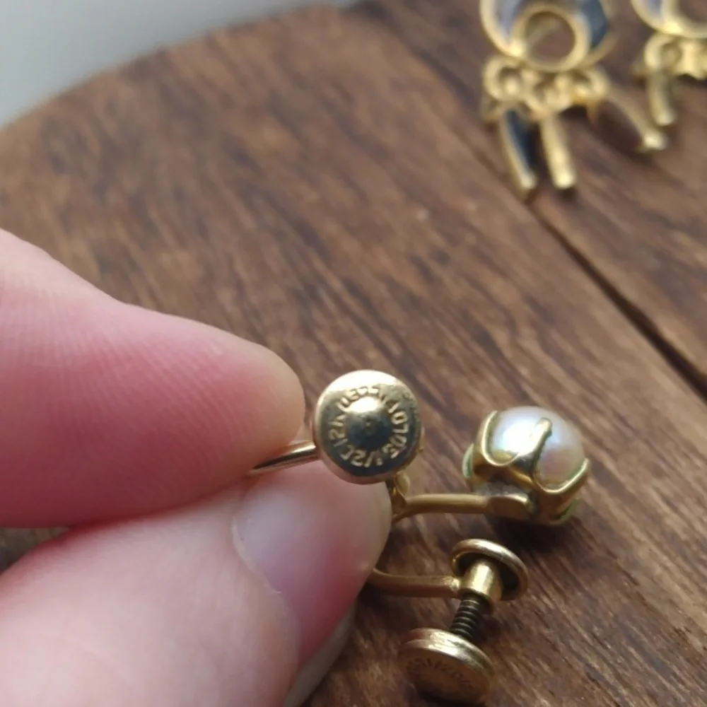 Gold filled antique pearl screwback earrings classic femme E532‎